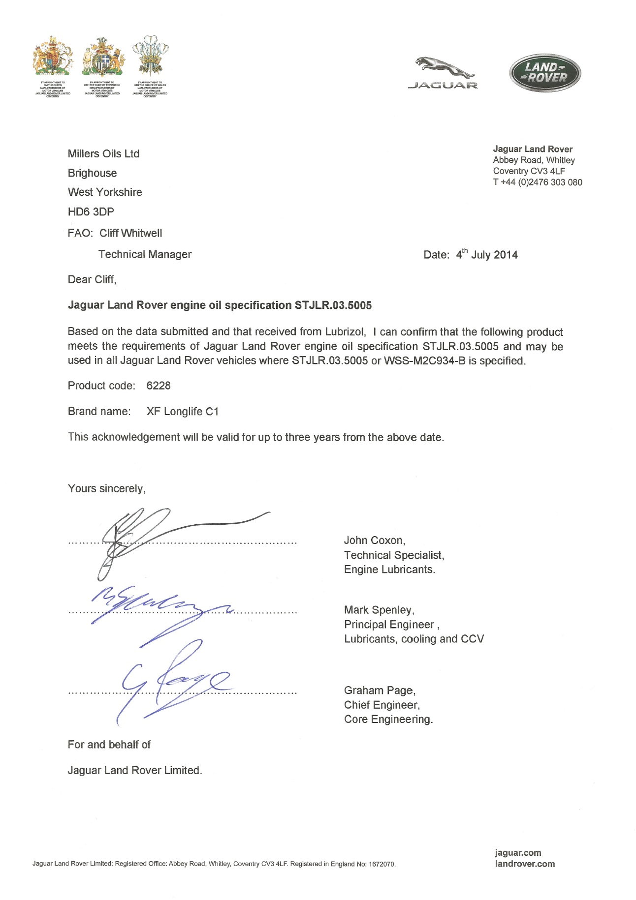 JaguarLandrover XF Longlife C1  (5W-30)  approval letter